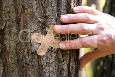 man stick plaster on wood