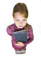 Pretty young girl with book, back to school concept, isolated ov
