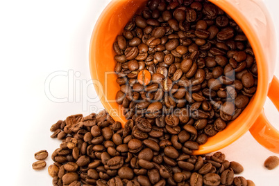 cup with coffee beans isolated on white