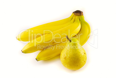 ripe banana and pear on white background