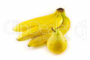 ripe banana and pear on white background