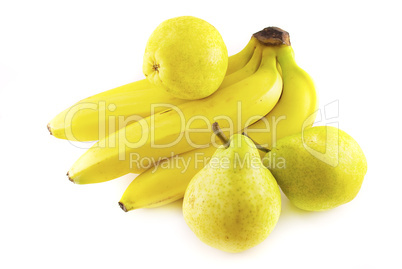 ripe banana and pear on white background