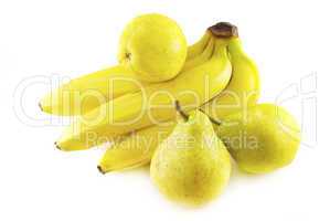 ripe banana and pear on white background