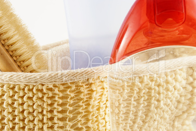 cosmetic containers and  wool isolated on white