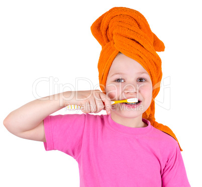 The girl brushes teeth a tooth brush