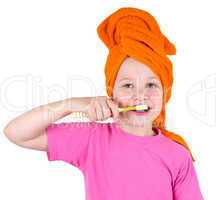 The girl brushes teeth a tooth brush