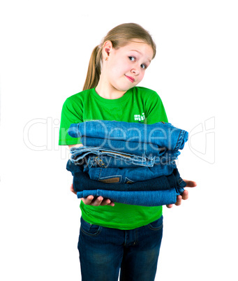 Girl with a pile of jeans