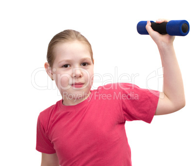 The girl from dumbbells isolated on white.