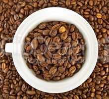 Coffee beans in the cup against the grain of