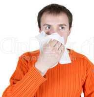 The young man wipes a nose a scarf