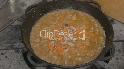 EDIT Juicy water with pork and carrot boiling in cauldron
