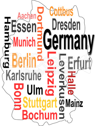 Germany map and words cloud with larger cities