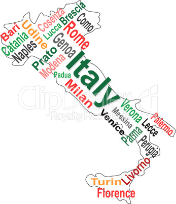 Italy map and words cloud with larger cities