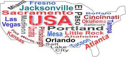USA map words cloud with larger american cities