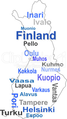 finland map and words cloud with larger cities