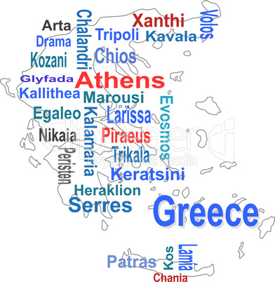 Greece Heart and words cloud with larger cities