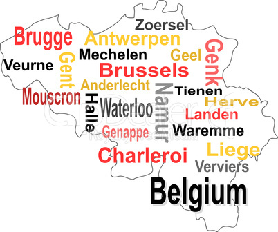 belgium map and words cloud with larger cities