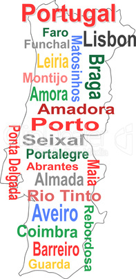 portugal map and words cloud with larger cities