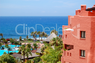 Building and beach of the luxury hotel, Tenerife island, Spain