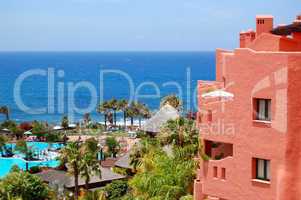 Building and beach of the luxury hotel, Tenerife island, Spain