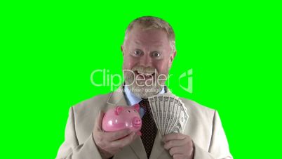 Mann mit Sparschwein und Dollars