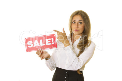 Businesswoman holding sale card