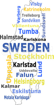 sweden map and words cloud with larger cities