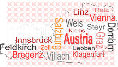 austria map and words cloud with larger cities