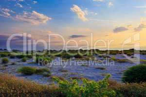 Mediterranean sea coast at sunset.