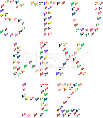 Alphabet letters abc font made of flags in heart