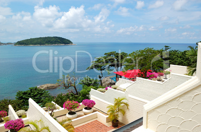 Terrace with sea view at luxury hotel, Phuket, Thailand