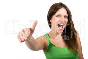 Brunette woman with green top showing thumbs up