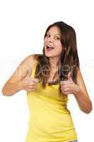 Brunette young woman showing double thumbs up