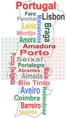 portugal map and words cloud with larger cities