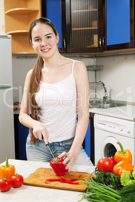 young beautiful caucasian woman in the kitchen