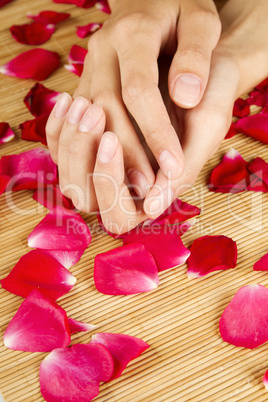 Hands on rose petals