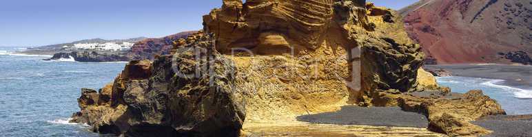 Felsen und Küste bei El Golfo, Lanzarote, Kanaren, Spanien, Euro