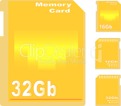 set of golden memory card isolated on white background