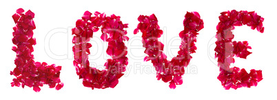 Pink rose petals forming letter  love on white