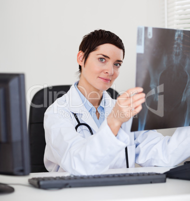 Focused female doctor holding a set of X-ray