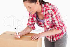 Portrait of a beautiful woman writing on cardboard boxes with a