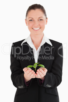 Beautiful woman in suit holding a small plant
