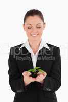 Attractive woman in suit holding a small plant