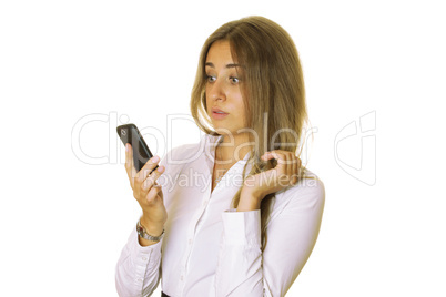 Business woman reading message on mobile phone