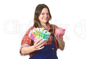 Junge Handwerkerin mit Banknoten