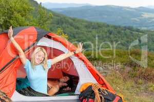 Camping young couple sunset tent climbing gear