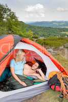 Camping young couple sunset tent climbing gear