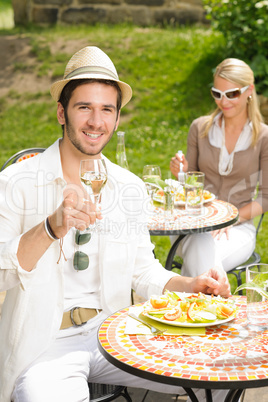 Terrace sunny restaurant Italian young man dining