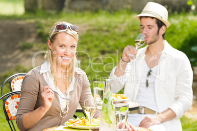 Terrace sunny restaurant Italian young couple dining