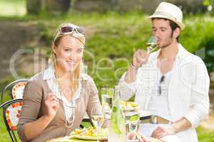 Terrace sunny restaurant Italian young couple dining